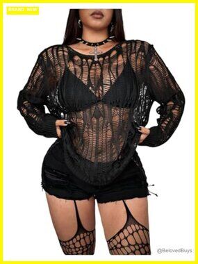 SHENHE Women's Plus Size Ripped Sweater Sheer Grunge Punk Knit Pullover Loose